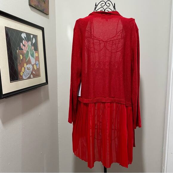 FEVER Red Metallic Open Cardigan Plus Size 2X with Pleated Chiffon Accent NEW - Picture 3 of 9